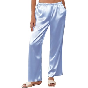 image:imageEkouaer Womens Silk Satin Wide Leg Pajama Sleep Pants Casual Loose Soft Lounge Pants Elastic Waist Pj Bottoms with PocketsLight Blue