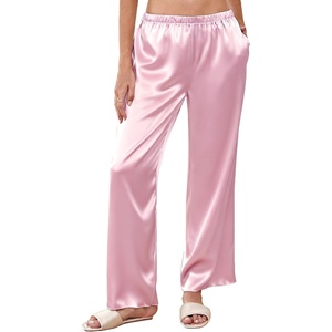 image:imageEkouaer Womens Silk Satin Wide Leg Pajama Sleep Pants Casual Loose Soft Lounge Pants Elastic Waist Pj Bottoms with PocketsLight Pink