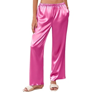 image:imageEkouaer Womens Silk Satin Wide Leg Pajama Sleep Pants Casual Loose Soft Lounge Pants Elastic Waist Pj Bottoms with PocketsRose Red