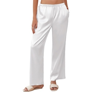 image:imageEkouaer Womens Silk Satin Wide Leg Pajama Sleep Pants Casual Loose Soft Lounge Pants Elastic Waist Pj Bottoms with PocketsWhite
