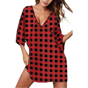 image:imageEkouaer Womens Sleepshirt Deep V Neck Nightgown Batwing Nightshirt Oversized SleepwearChristmas Red Plaid