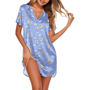 image:imageEkouaer Womens Sleepshirts Satin Silk Nightgown Short Sleeve Sleepwear Casual Print Sleepdress Boyfriend Pajamas NightshirtBlue Teddy