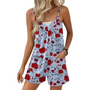 image:imageEkouaer Womens Summer Casual Sleeveless Rompers 2026 Floral Loose Shorts Overalls Adjustable Boho Jumpsuits with PocketsRed Floral