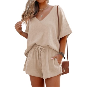 image:imageEkouaer Womens V Neck Lounge Sets Beach Cover Up Shirt and Shorts 2 Piece Outfits Loungewear Pajama with Pockets KhakiL