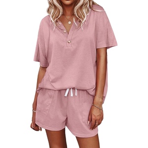 image:imageEkouaer Womens Waffle Knit Pajamas Set Short Sleeve Top with Shorts Matching Lounge Sets Loungewear Sweatsuit with Pockets