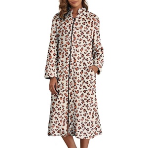 image:imageEkouaer Womens Zip Up Robe Fleece Bathrobe Long Zipper Lounger Warm Housecoat Long Sleeve Nightgown with Pockets Red Stars Large
