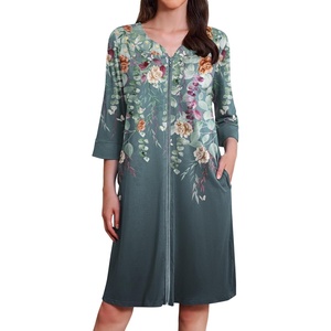 image:imageEkouaer Zipper Robes for Women 34 Sleeves Housecoat Soft Nightgowns Sleepwear Mumu House Dresses with PocketsGrey Floral