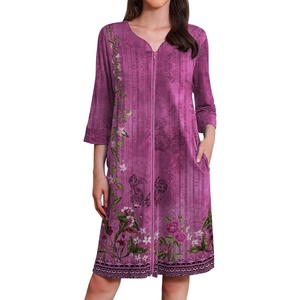 image:imageEkouaer Zipper Robes for Women 34 Sleeves Housecoat Soft Nightgowns Sleepwear Mumu House Dresses with PocketsPurple Vine