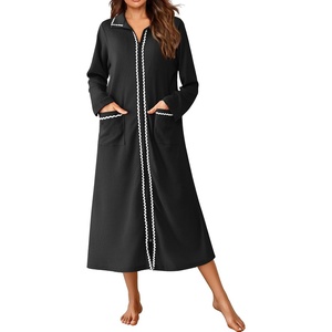 image:imageEkouaer Zipper Robes for Women Long Waffle Knit Bathrobe Lightweight Long Sleeves Robe Soft Sleepwear with Pockets SXXLBlack