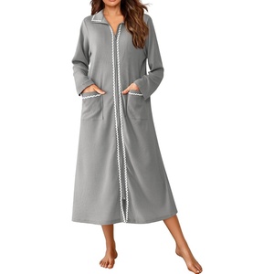 image:imageEkouaer Zipper Robes for Women Long Waffle Knit Bathrobe Lightweight Long Sleeves Robe Soft Sleepwear with Pockets SXXLLight Gray