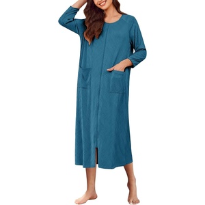 image:imageEkouaer Zipper Robes for Women Ribbed Knit Bathrobe Lightweight Full Length Loungewear with Pockets S3XLBlue