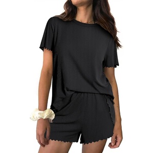 image:imageWomens Ribbed Knit Pajama Sets Short Sleeve Top and Shorts Lounge Set Loungewear