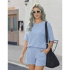 image:imageEkouaer Women 2 Piece Lounge Set 2026 Summer Cruise Outfits Ribbed Loose Short Sleeve Matching Sets with pocketBaby Blue