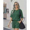 image:imageEkouaer Women 2 Piece Lounge Set 2026 Summer Cruise Outfits Ribbed Loose Short Sleeve Matching Sets with pocketEvergreen
