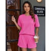 image:imageEkouaer Women 2 Piece Lounge Set 2026 Summer Cruise Outfits Ribbed Loose Short Sleeve Matching Sets with pocketHot Pink