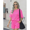 image:imageEkouaer Women 2 Piece Lounge Set 2026 Summer Cruise Outfits Ribbed Loose Short Sleeve Matching Sets with pocketHot Pink