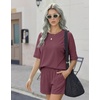 image:imageEkouaer Women 2 Piece Lounge Set 2026 Summer Cruise Outfits Ribbed Loose Short Sleeve Matching Sets with pocketPlum Pink