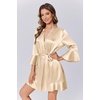 image:imageEkouaer Womens Silk Robe Satin Sexy Ruffle Robes Lightweight Soft Kimono Bathrobe Sexy Sleepwear Champaign Gold XS
