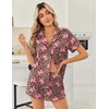 image:imageEkouaer Womens Silk Satin Pajama Sets 2 Piece Button Down Silk Pjs Shorts Sets Cute Print Short Sleeve Sleepwear S4XLBrown Leopard With Pink Bow