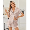image:imageEkouaer Womens Silk Satin Pajama Sets 2 Piece Button Down Silk Pjs Shorts Sets Cute Print Short Sleeve Sleepwear S4XLChampagne