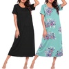 image:imageEkouaer 2 Pack Long Nightgowns for Women Short Sleeve Crew Neck Soft House Dress Loungewear Nightshirt with Pockets S3XLBlackBlue Flower