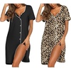 image:imageEkouaer Nightgowns for Women 2 Pack Button Down Sleepshirt Short Sleeve Nightshirt Soft Sleepwear V Neck Pajama DressBlackLeopard