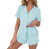 image:imageEkouaer Pajamas Set for Women Button Down Pjs Lounge Sets Ruffle Short Sleeve Sleepwear Cute LoungewearIce Blue