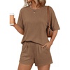 image:imageEkouaer Women 2 Piece Lounge Set 2026 Summer Cruise Outfits Ribbed Loose Short Sleeve Matching Sets with pocketLight Brown