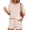 image:imageEkouaer Women 2 Piece Lounge Set 2026 Summer Cruise Outfits Ribbed Loose Short Sleeve Matching Sets with pocketLight Khaki