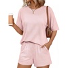 image:imageEkouaer Women 2 Piece Lounge Set 2026 Summer Cruise Outfits Ribbed Loose Short Sleeve Matching Sets with pocketLight Pink