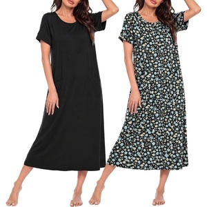 image:imageEkouaer 2 Pack Long Nightgowns for Women Short Sleeve Crew Neck Soft House Dress Loungewear Nightshirt with Pockets S3XLBlackBlue Floral