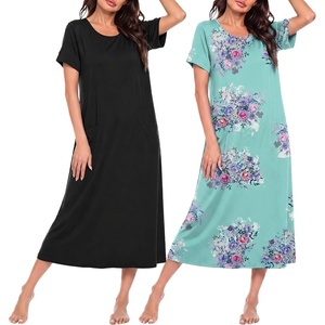 image:imageEkouaer 2 Pack Long Nightgowns for Women Short Sleeve Crew Neck Soft House Dress Loungewear Nightshirt with Pockets S3XLBlackBlue Flower