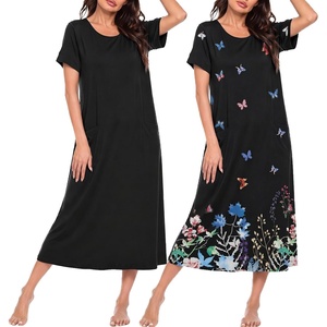image:imageEkouaer 2 Pack Long Nightgowns for Women Short Sleeve Crew Neck Soft House Dress Loungewear Nightshirt with Pockets S3XLBlackButterfly