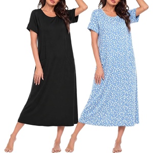 image:imageEkouaer 2 Pack Long Nightgowns for Women Short Sleeve Crew Neck Soft House Dress Loungewear Nightshirt with Pockets S3XLBlackLight Blue Floral