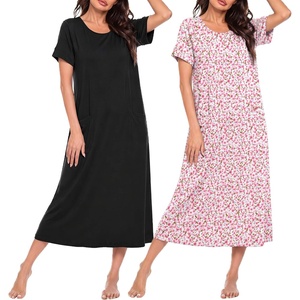 image:imageEkouaer 2 Pack Long Nightgowns for Women Short Sleeve Crew Neck Soft House Dress Loungewear Nightshirt with Pockets S3XLBlackPink Flower