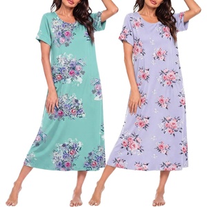 image:imageEkouaer 2 Pack Long Nightgowns for Women Short Sleeve Crew Neck Soft House Dress Loungewear Nightshirt with Pockets S3XLBlue FlowerPink Flower