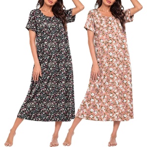 image:imageEkouaer 2 Pack Long Nightgowns for Women Short Sleeve Crew Neck Soft House Dress Loungewear Nightshirt with Pockets S3XLFloral ClusterslBlack Floral