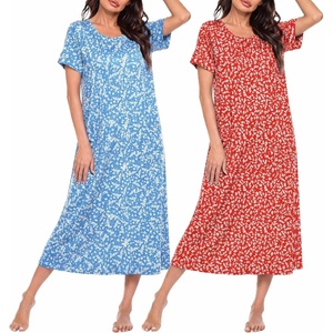 image:imageEkouaer 2 Pack Long Nightgowns for Women Short Sleeve Crew Neck Soft House Dress Loungewear Nightshirt with Pockets S3XLRed FloralBlue Floral