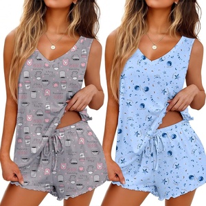 image:imageEkouaer 2 Pack Pajamas for Women Set Tank Top and Shorts Pjs Soft Sleeveless Sleepwear Summer LoungewearSXXLCoffee CupBlue Stars