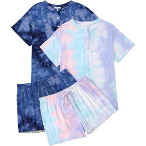 image:imageEkouaer 2 Pack Womens Pajama Sets Short Sleeve Sleepwear Top with Shorts Pjs Soft Comfy Loungewear SXXLTie Dye Pink BlueTie Dye Blue