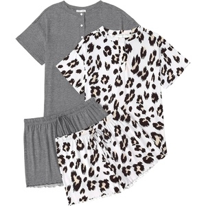image:imageEkouaer 2 Pack Womens Pajama Sets Short Sleeve Sleepwear Top with Shorts Pjs Soft Comfy Loungewear SXXLWhite LeopardGray