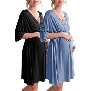 image:imageEkouaer 3 in 1 LaborDeliveryHospital Gown 2 Pack Maternity Dress Nursing Nightgown SleepwearBlackLake Blue