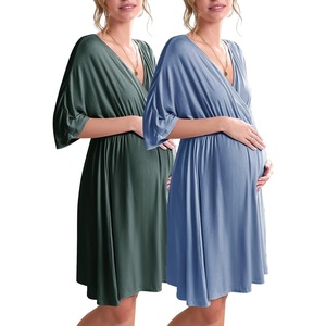 image:imageEkouaer 3 in 1 LaborDeliveryHospital Gown 2 Pack Maternity Dress Nursing Nightgown SleepwearDark GreenLake Blue