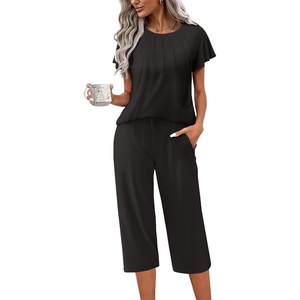 image:imageEkouaer Capri Pajamas Set Womens Ruffle Sleeve Top and Capri Pants Soft Sleepwear Loungewear with PocketsBlack