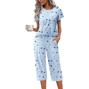 image:imageEkouaer Capri Pajamas Set Womens Ruffle Sleeve Top and Capri Pants Soft Sleepwear Loungewear with PocketsBlue Stars