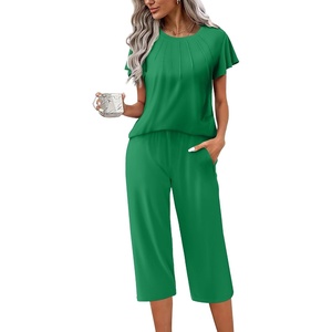 image:imageEkouaer Capri Pajamas Set Womens Ruffle Sleeve Top and Capri Pants Soft Sleepwear Loungewear with PocketsGreen