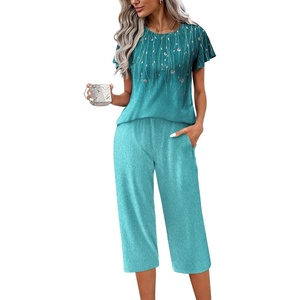 image:imageEkouaer Capri Pajamas Set Womens Ruffle Sleeve Top and Capri Pants Soft Sleepwear Loungewear with PocketsGreen Leaves