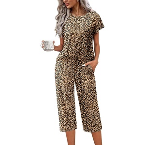 image:imageEkouaer Capri Pajamas Set Womens Ruffle Sleeve Top and Capri Pants Soft Sleepwear Loungewear with PocketsLeopard Print