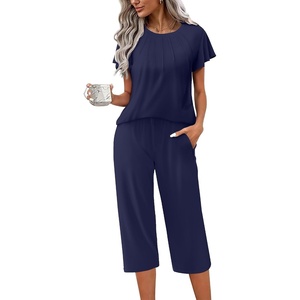 image:imageEkouaer Capri Pajamas Set Womens Ruffle Sleeve Top and Capri Pants Soft Sleepwear Loungewear with PocketsNavy Blue