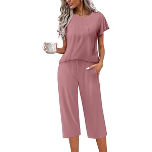 image:imageEkouaer Capri Pajamas Set Womens Ruffle Sleeve Top and Capri Pants Soft Sleepwear Loungewear with PocketsPale Violet Red